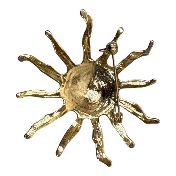 Celestial Witch Goth Gold-Tone Sunburst Brooch Blue Enamel Center & Star Accents - Picture 2 of 5